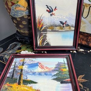 Vtg mini oil paintings waterfront mountain duck wildlife mid century modern art